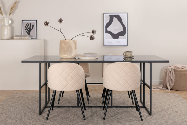 Venture Home Leif Dining Table - Black / Black smoked smoked Glass+Velvet Stitches Chair - Black / Beige Velvet_4