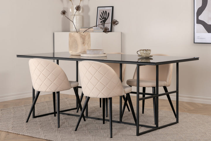 Venture Home Leif Dining Table - Black / Black smoked smoked Glass+Velvet Stitches Chair - Black / Beige Velvet_4
