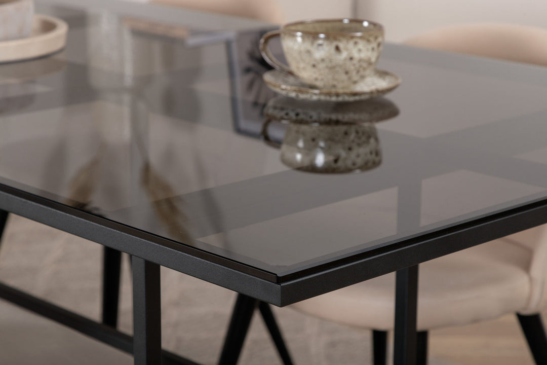 Venture Home Leif Dining Table - Black / Black smoked smoked Glass+Velvet Stitches Chair - Black / Beige Velvet_4