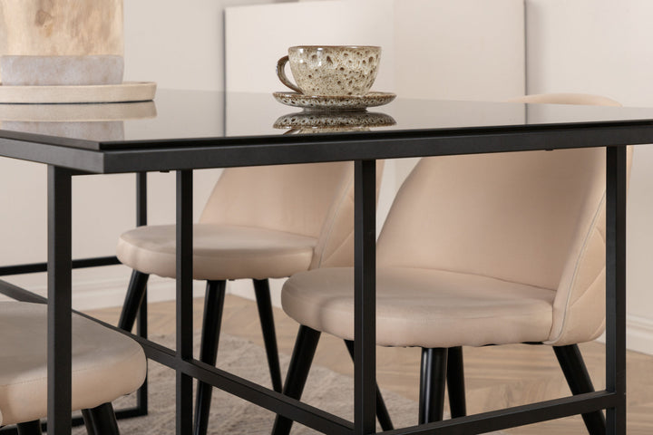 Venture Home Leif Dining Table - Black / Black smoked smoked Glass+Velvet Stitches Chair - Black / Beige Velvet_4