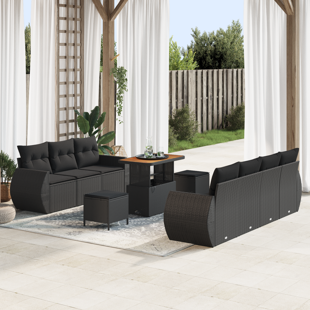 Havesofa Sæt med pude med opbevaring 10 pcs Sort polyrattan