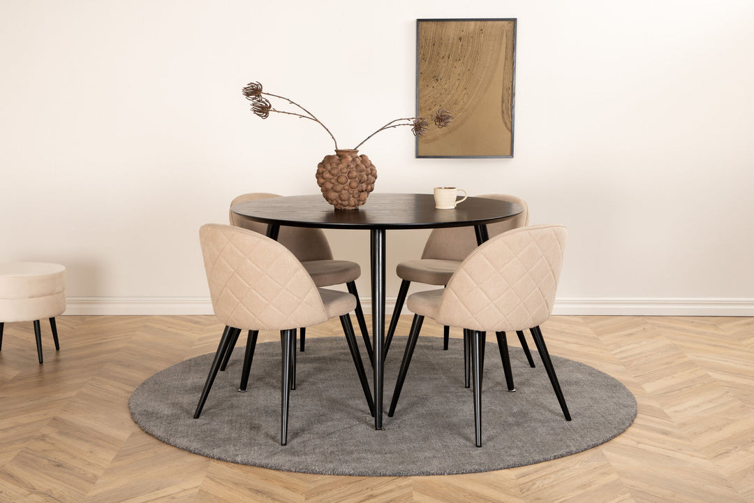 Venture Home Dipp Dining Table - 115cm - Black Veneer / All black legs +Velvet Stitches Chair - Black / Beige Fabric (Polyester linen )_4