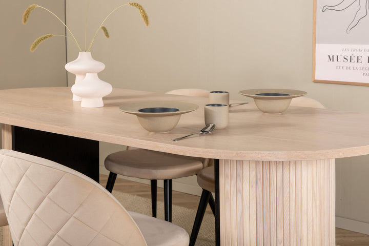 Venture Home Bianca Oval Dining Table , White Wash Black Veneer+Velvet Stitches Chair , Black Beige Fabric (Polyester linen )_4