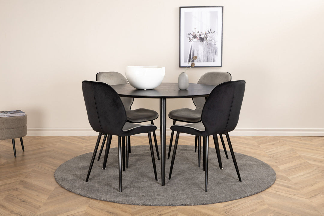 Venture Home Dipp Dining Table - 115cm - Black Veneer / All black legs +Emma Chair - Black / Black and Light Grey Black Velvet in Back Grey Velvet in front_4