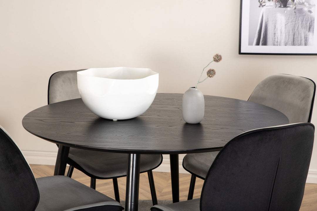 Venture Home Dipp Dining Table - 115cm - Black Veneer / All black legs +Emma Chair - Black / Black and Light Grey Black Velvet in Back Grey Velvet in front_4