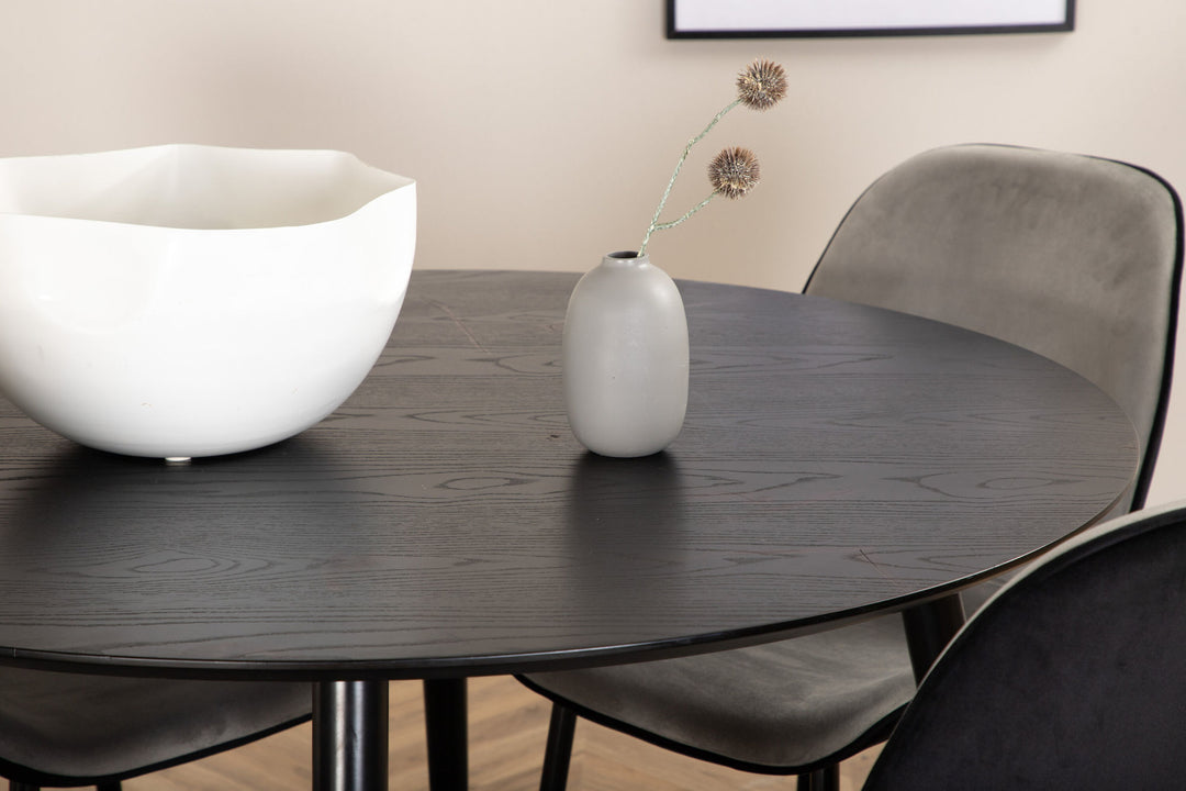 Venture Home Dipp Dining Table - 115cm - Black Veneer / All black legs +Emma Chair - Black / Black and Light Grey Black Velvet in Back Grey Velvet in front_4