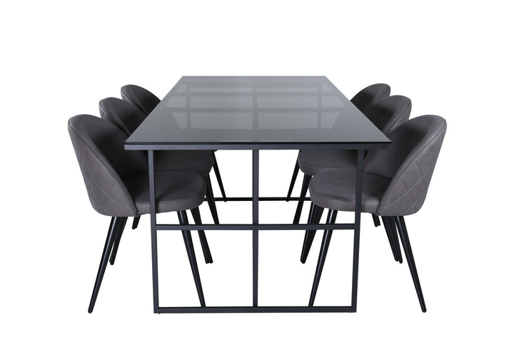 Venture Home Leif Dining Table , Black Black smoked smoked Glass+Velvet Stitches Chair , Black Grey Micro Fibre_6