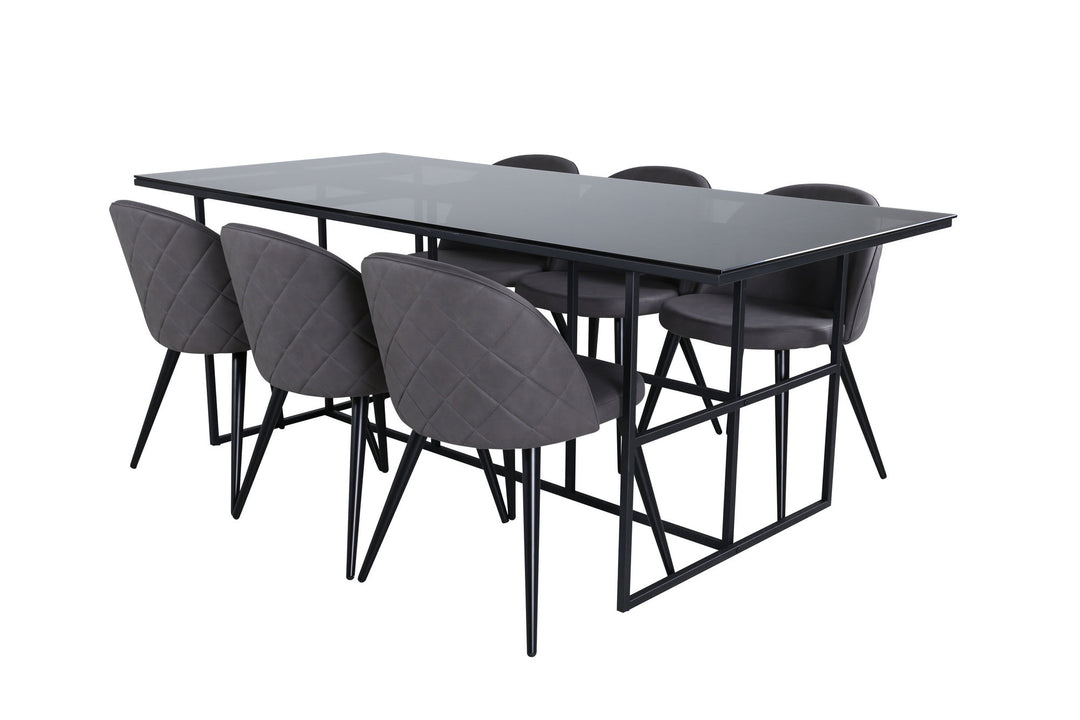 Venture Home Leif Dining Table , Black Black smoked smoked Glass+Velvet Stitches Chair , Black Grey Micro Fibre_6