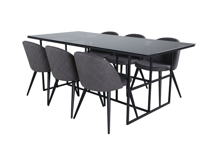 Venture Home Leif Dining Table , Black Black smoked smoked Glass+Velvet Stitches Chair , Black Grey Micro Fibre_6