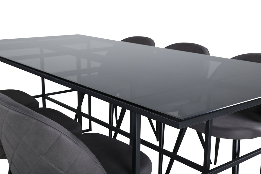 Venture Home Leif Dining Table , Black Black smoked smoked Glass+Velvet Stitches Chair , Black Grey Micro Fibre_6