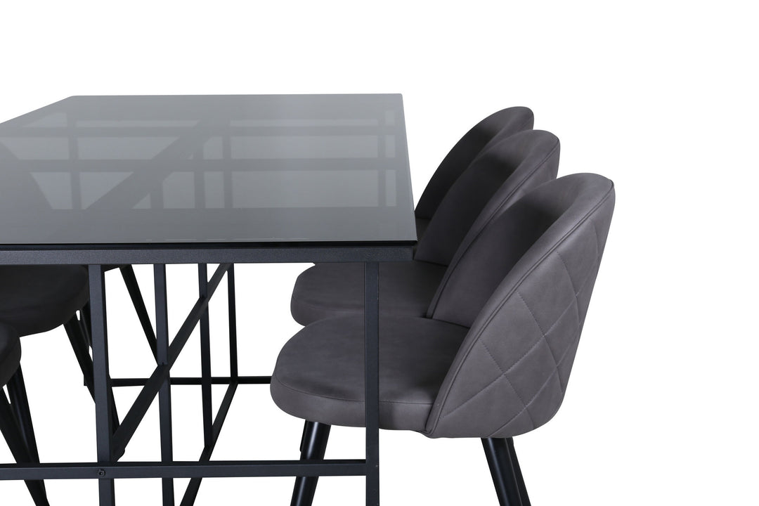 Venture Home Leif Dining Table , Black Black smoked smoked Glass+Velvet Stitches Chair , Black Grey Micro Fibre_6