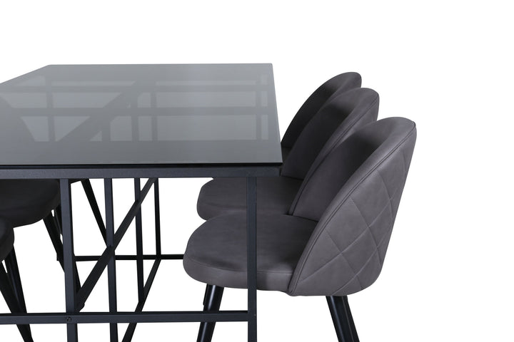 Venture Home Leif Dining Table , Black Black smoked smoked Glass+Velvet Stitches Chair , Black Grey Micro Fibre_6