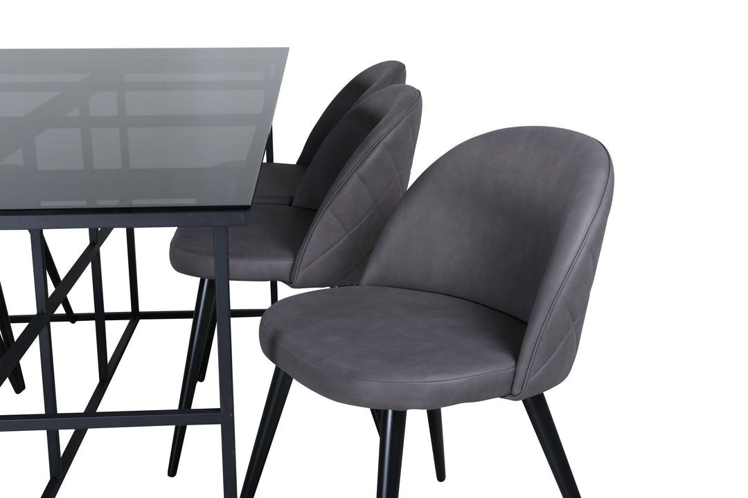 Venture Home Leif Dining Table , Black Black smoked smoked Glass+Velvet Stitches Chair , Black Grey Micro Fibre_6