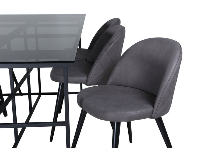 Venture Home Leif Dining Table , Black Black smoked smoked Glass+Velvet Stitches Chair , Black Grey Micro Fibre_6
