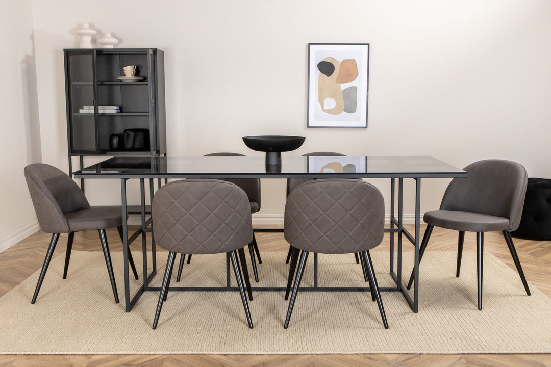 Venture Home Leif Dining Table , Black Black smoked smoked Glass+Velvet Stitches Chair , Black Grey Micro Fibre_6