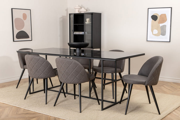 Venture Home Leif Dining Table , Black Black smoked smoked Glass+Velvet Stitches Chair , Black Grey Micro Fibre_6