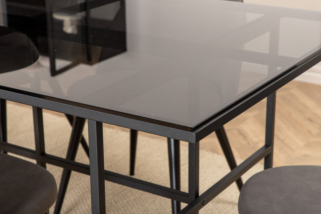 Venture Home Leif Dining Table , Black Black smoked smoked Glass+Velvet Stitches Chair , Black Grey Micro Fibre_6
