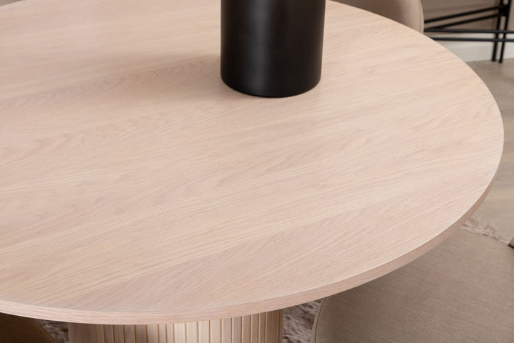 Venture Home Bianca Round Dining Table , White Wash Black Veneer+Velvet Stitches Chair , Black Beige Fabric (Polyester linen )_4