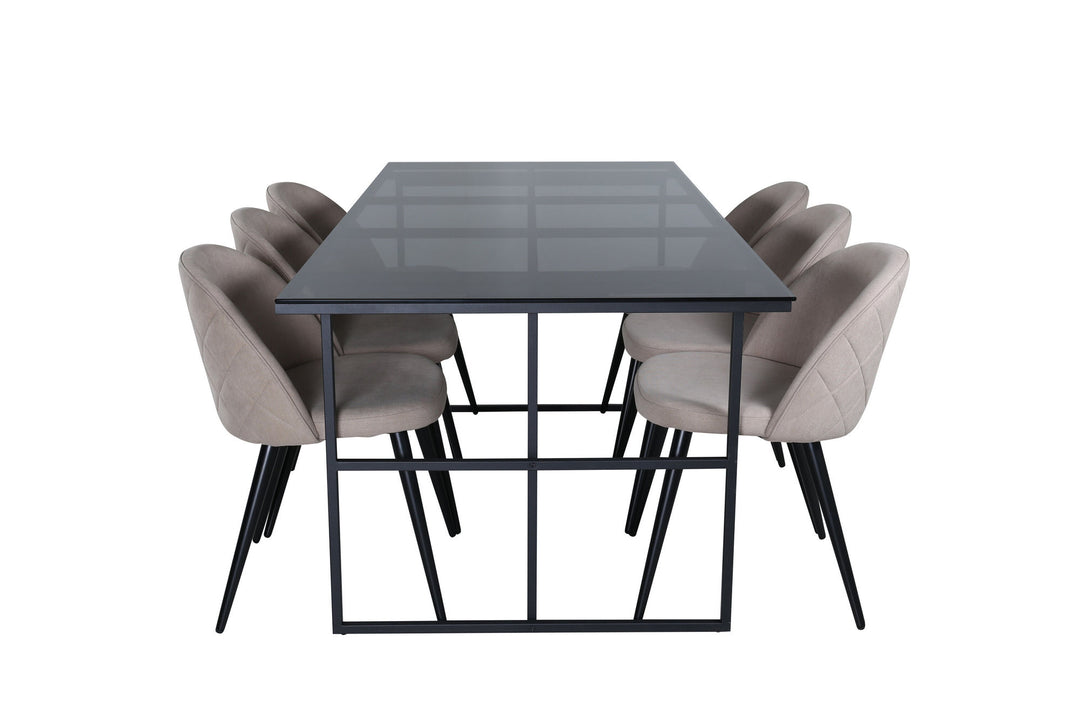 Venture Home Leif Dining Table , Black Black smoked smoked Glass+Velvet Stitches Chair , Black Beige Fabric (Polyester linen )_6