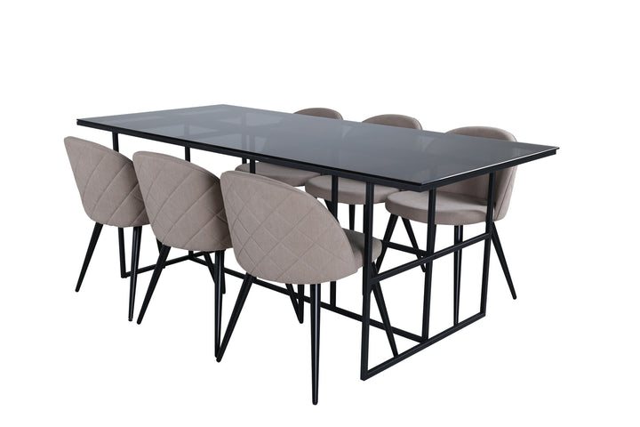 Venture Home Leif Dining Table , Black Black smoked smoked Glass+Velvet Stitches Chair , Black Beige Fabric (Polyester linen )_6