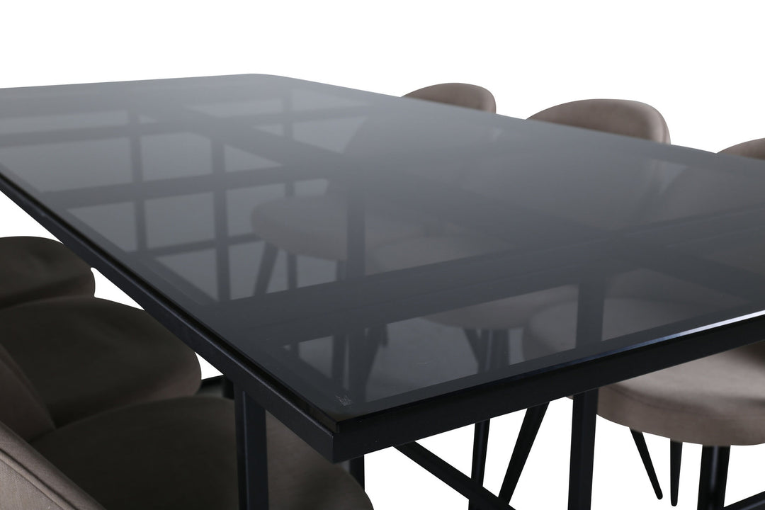Venture Home Leif Dining Table , Black Black smoked smoked Glass+Velvet Stitches Chair , Black Beige Fabric (Polyester linen )_6