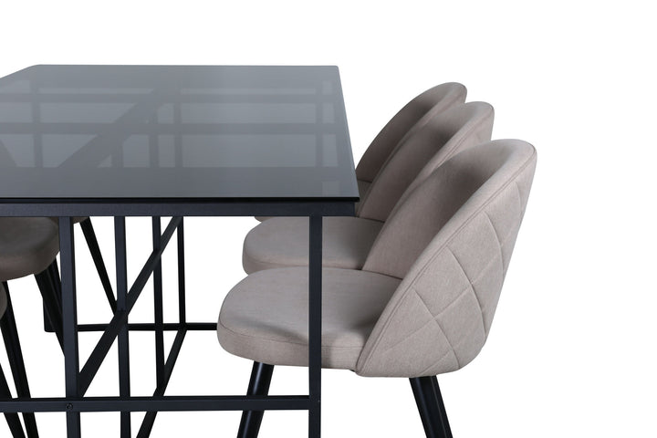 Venture Home Leif Dining Table , Black Black smoked smoked Glass+Velvet Stitches Chair , Black Beige Fabric (Polyester linen )_6