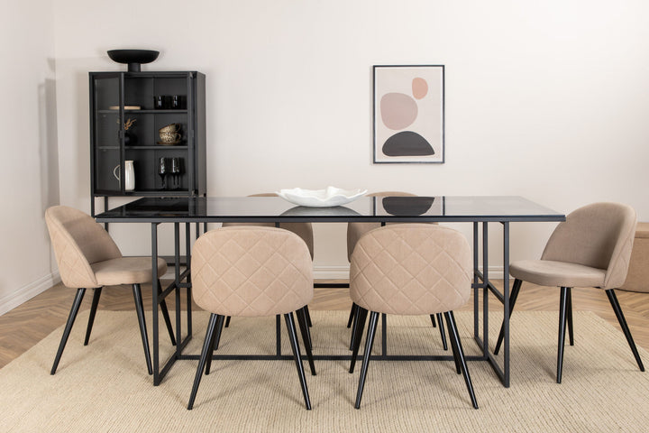 Venture Home Leif Dining Table , Black Black smoked smoked Glass+Velvet Stitches Chair , Black Beige Fabric (Polyester linen )_6
