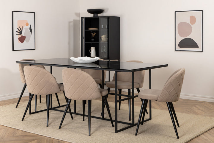 Venture Home Leif Dining Table , Black Black smoked smoked Glass+Velvet Stitches Chair , Black Beige Fabric (Polyester linen )_6