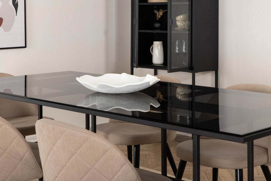 Venture Home Leif Dining Table , Black Black smoked smoked Glass+Velvet Stitches Chair , Black Beige Fabric (Polyester linen )_6