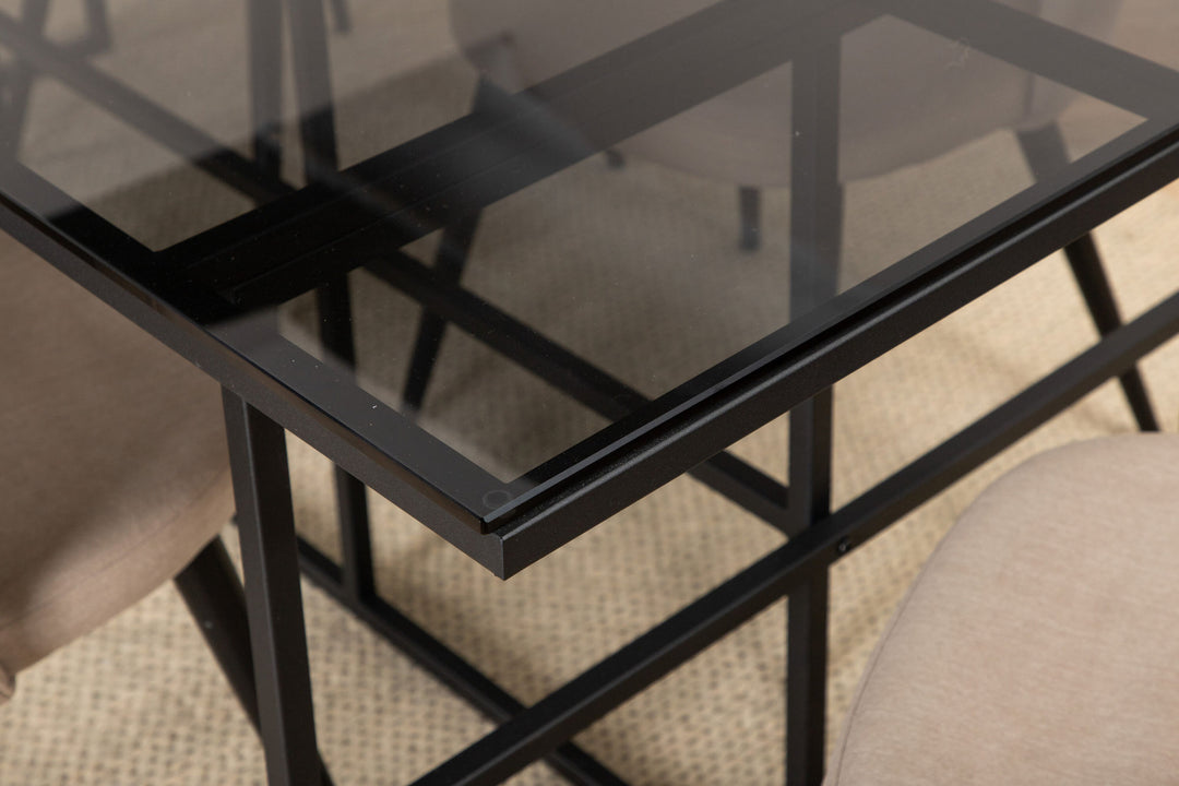 Venture Home Leif Dining Table , Black Black smoked smoked Glass+Velvet Stitches Chair , Black Beige Fabric (Polyester linen )_6