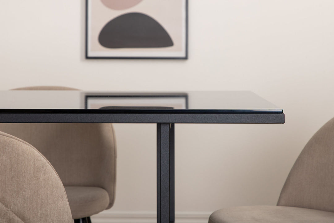 Venture Home Leif Dining Table , Black Black smoked smoked Glass+Velvet Stitches Chair , Black Beige Fabric (Polyester linen )_6
