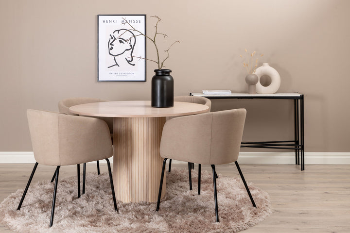 Venture Home Bianca Round Dining Table , White Wash Black Veneer+Berit Chair , Black Beige Fabric (Polyester linen )_4