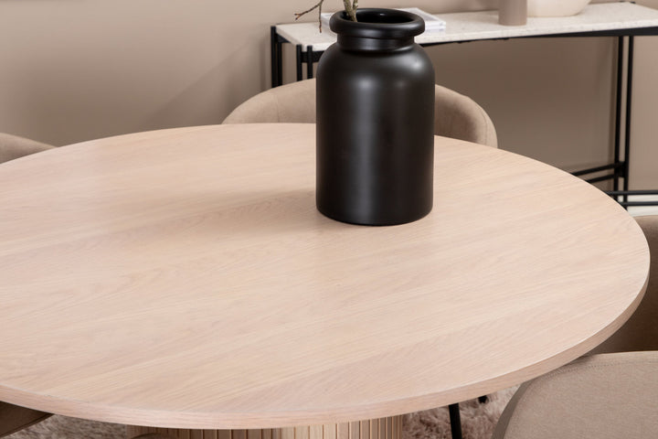 Venture Home Bianca Round Dining Table , White Wash Black Veneer+Berit Chair , Black Beige Fabric (Polyester linen )_4