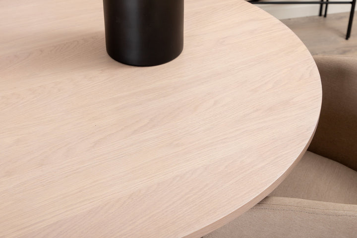 Venture Home Bianca Round Dining Table , White Wash Black Veneer+Berit Chair , Black Beige Fabric (Polyester linen )_4