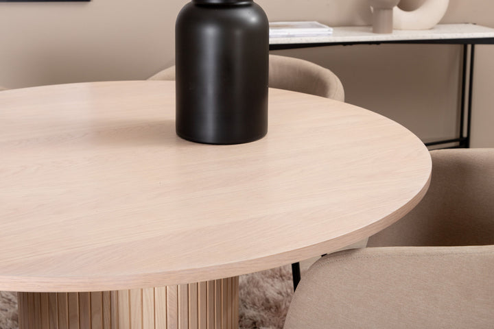 Venture Home Bianca Round Dining Table , White Wash Black Veneer+Berit Chair , Black Beige Fabric (Polyester linen )_4