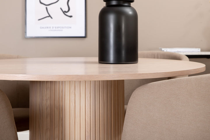 Venture Home Bianca Round Dining Table , White Wash Black Veneer+Berit Chair , Black Beige Fabric (Polyester linen )_4