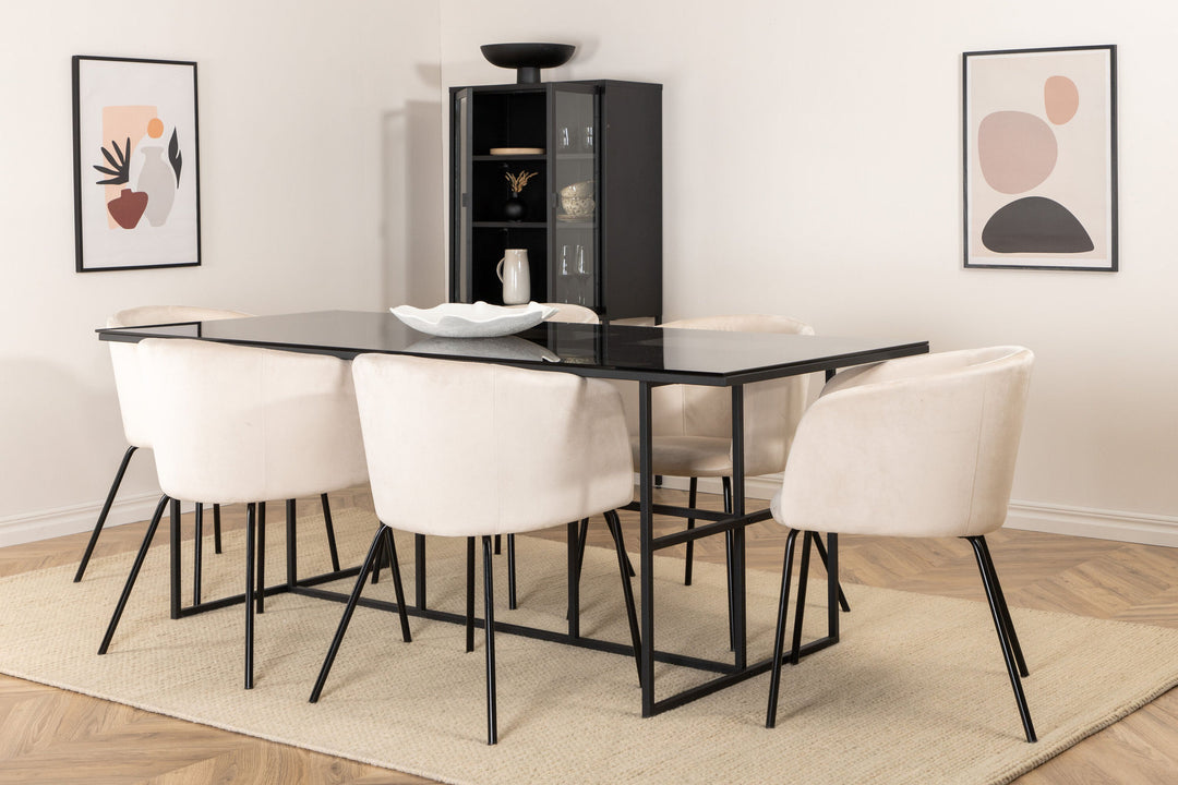 Venture Home Leif Dining Table , Black Black smoked smoked Glass+Berit Chair , Black Beige Velvet_6