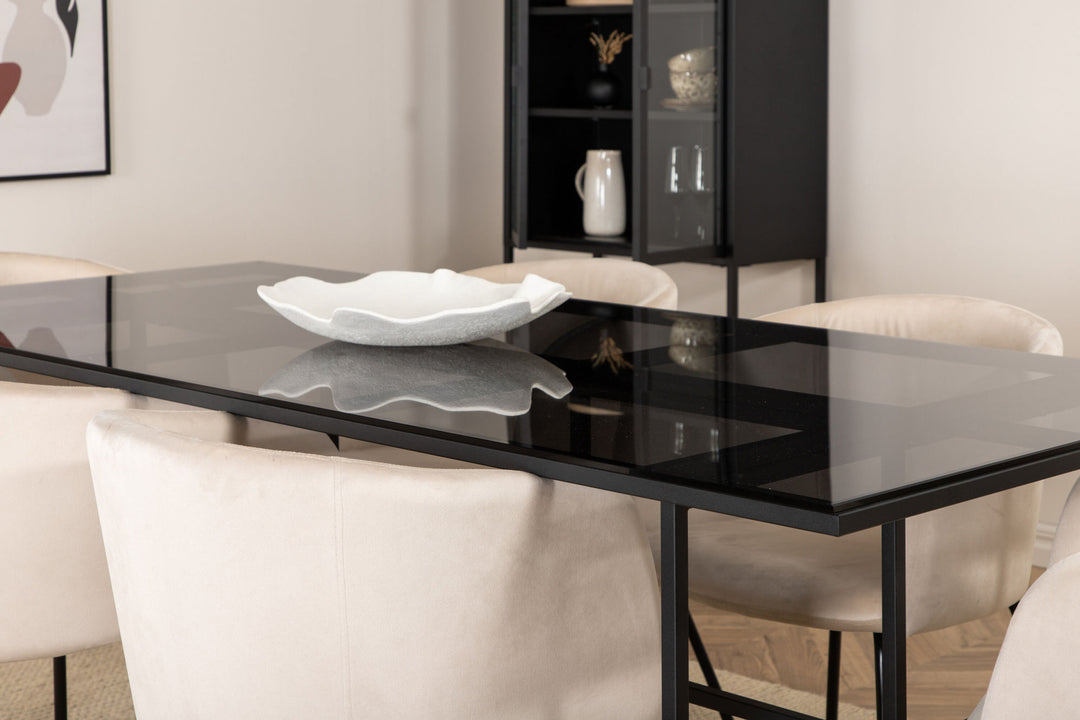 Venture Home Leif Dining Table , Black Black smoked smoked Glass+Berit Chair , Black Beige Velvet_6