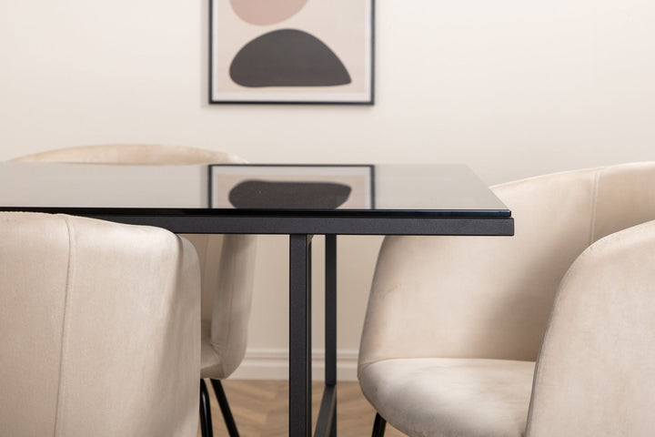 Venture Home Leif Dining Table , Black Black smoked smoked Glass+Berit Chair , Black Beige Velvet_6