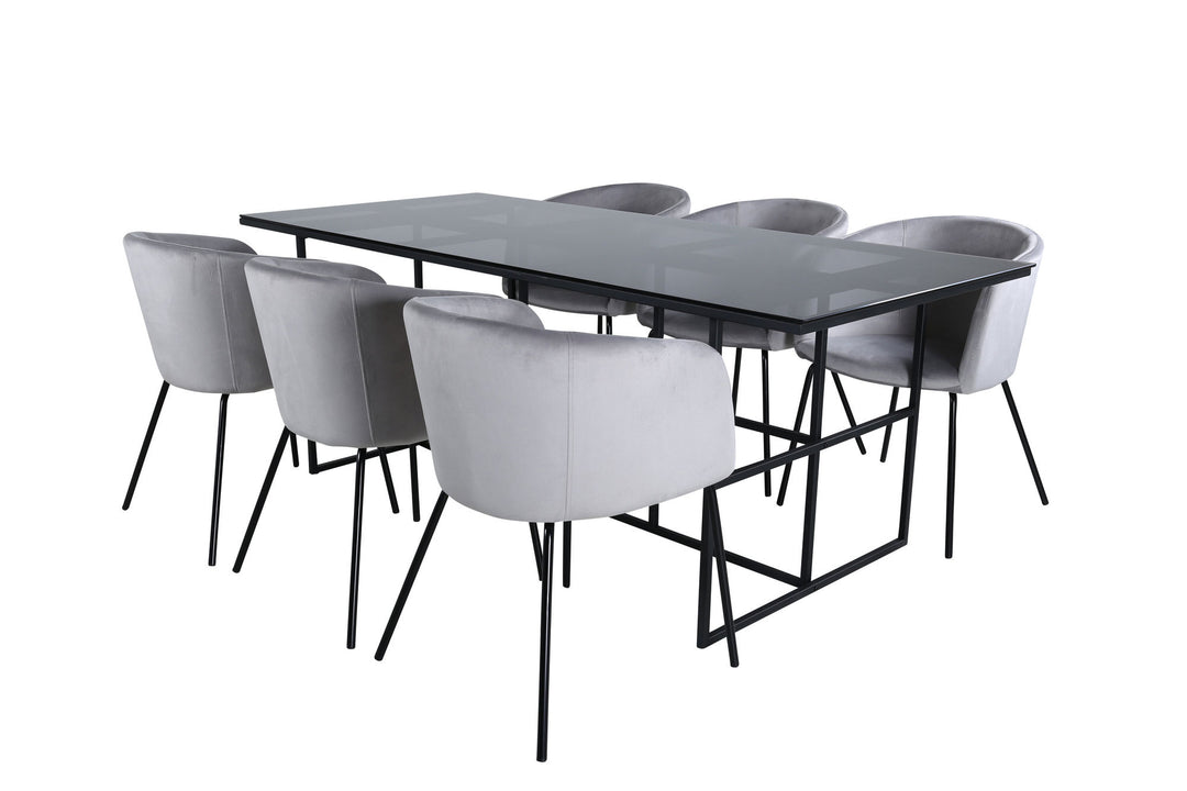 Venture Home Leif Dining Table , Black Black smoked smoked Glass+Berit Chair , Black Light Grey Velvet_6