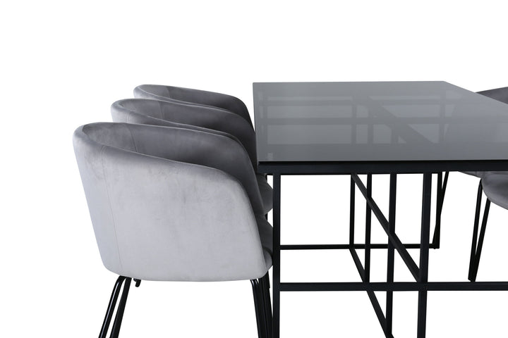 Venture Home Leif Dining Table , Black Black smoked smoked Glass+Berit Chair , Black Light Grey Velvet_6