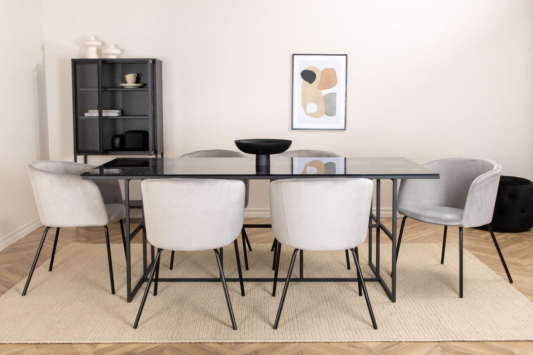 Venture Home Leif Dining Table , Black Black smoked smoked Glass+Berit Chair , Black Light Grey Velvet_6