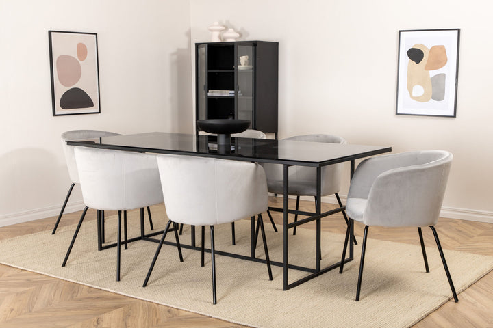 Venture Home Leif Dining Table , Black Black smoked smoked Glass+Berit Chair , Black Light Grey Velvet_6
