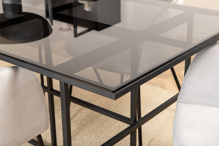Venture Home Leif Dining Table , Black Black smoked smoked Glass+Berit Chair , Black Light Grey Velvet_6