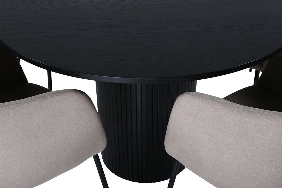 Venture Home Bianca Round Dining Table , Black Black Veneer+Berit Chair , Black Beige Fabric (Polyester linen )_4