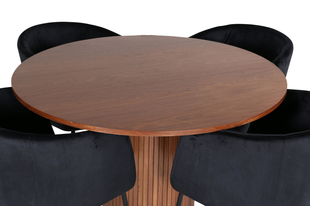 Venture Home Bianca Round Dining Table - Walnut / Black Veneer+Berit Chair - Black / Black Velvet_4