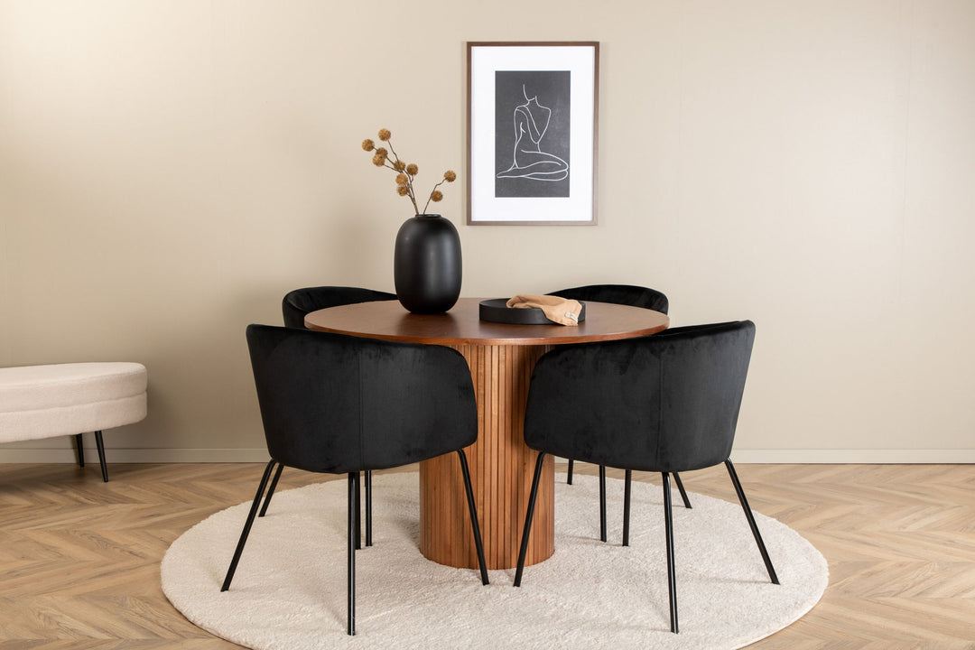 Venture Home Bianca Round Dining Table - Walnut / Black Veneer+Berit Chair - Black / Black Velvet_4