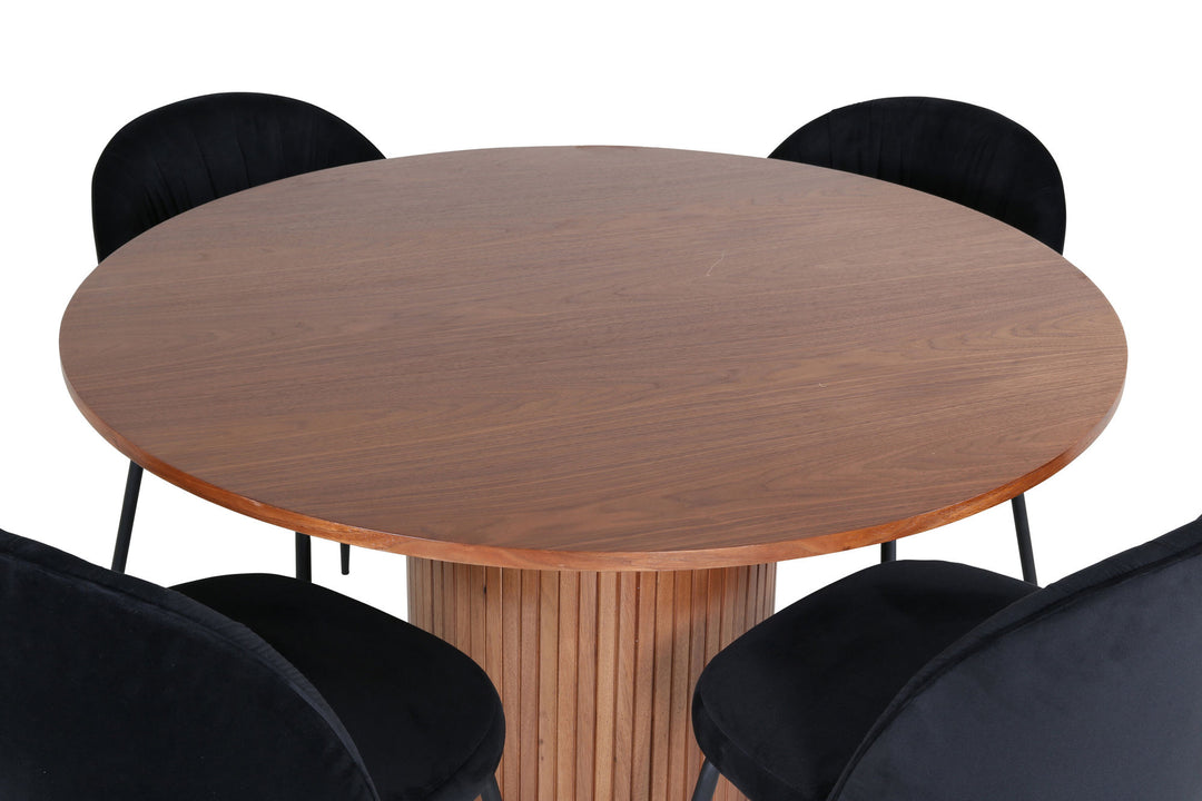 Venture Home Bianca Round Dining Table - Walnut / Black Veneer+Wrinkles Dining Chair - Black Legs - Black Velvet_4