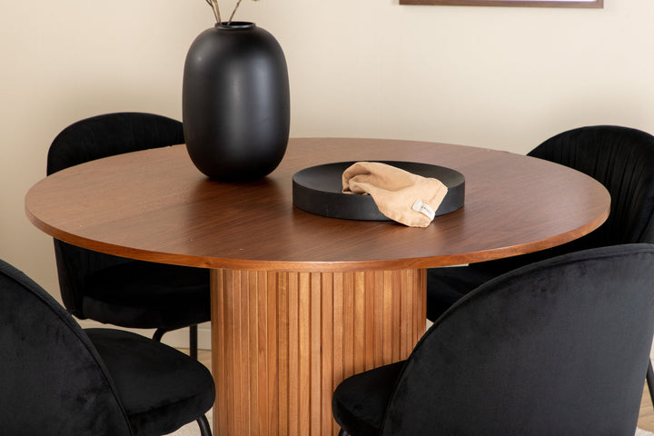 Venture Home Bianca Round Dining Table - Walnut / Black Veneer+Wrinkles Dining Chair - Black Legs - Black Velvet_4