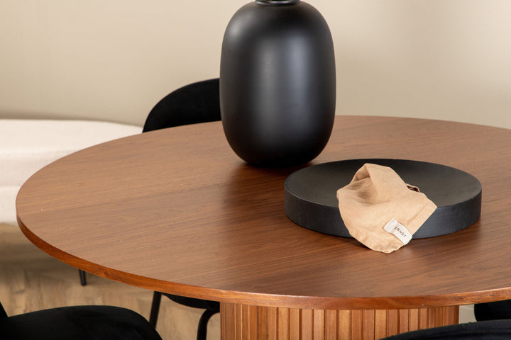 Venture Home Bianca Round Dining Table - Walnut / Black Veneer+Wrinkles Dining Chair - Black Legs - Black Velvet_4